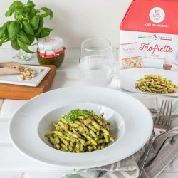 Trofiette pasta, basil pesto and pine nuts